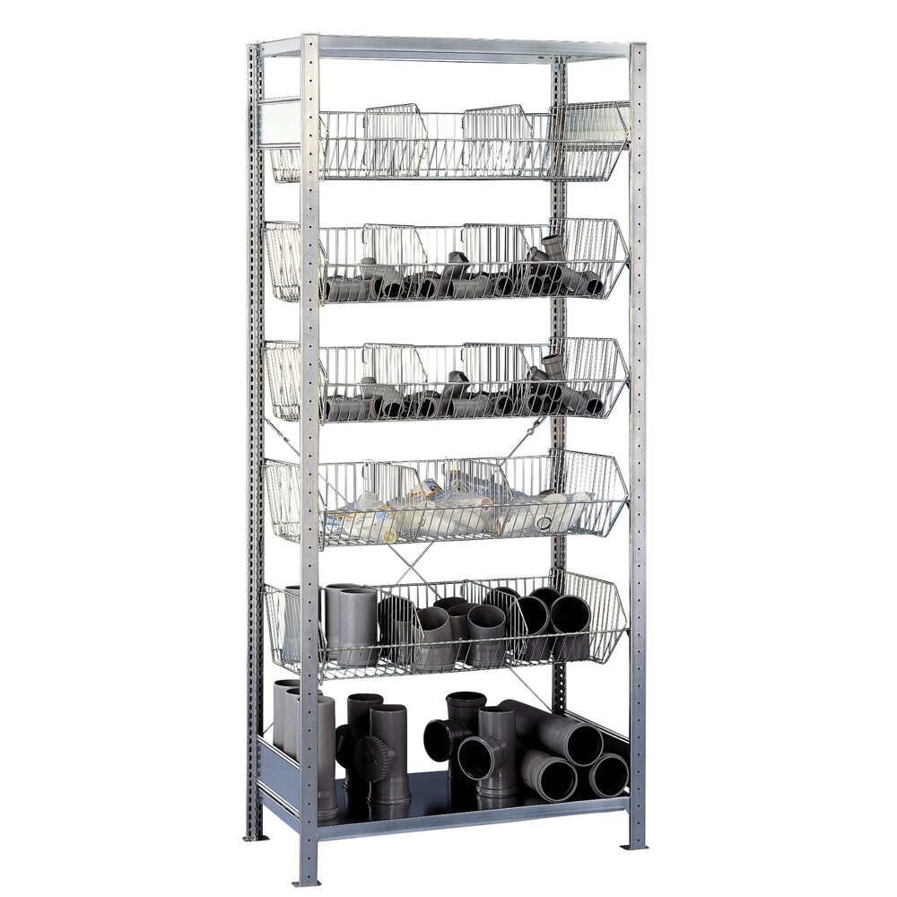 Illustration du produit: Rayonnage à tablettes SCHULTE avec paniers à mailles grossières, travée de base, HxlxP 2 300 x 1 000 x 500 mm, CT 150 kg