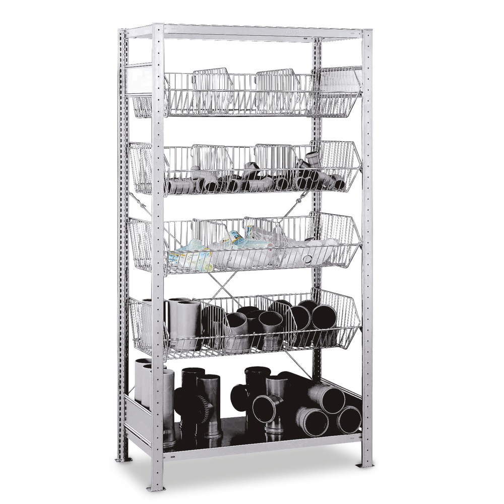 N° de l'image du produit 1 : Rayonnage à tablettes SCHULTE avec paniers à mailles grossières, travée de base, HxlxP 2 000 x 1 000 x 500 mm, CT 150 kg