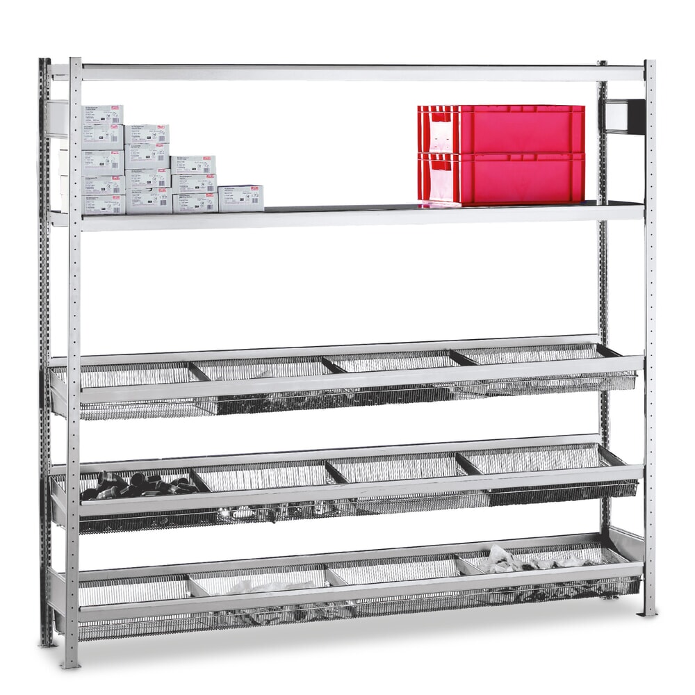 Illustration du produit: Rayonnage à tablettes SCHULTE avec paniers grillagés, travée de base, HxlxP 2 500 x 2 000 x 400 mm, CT 400 kg