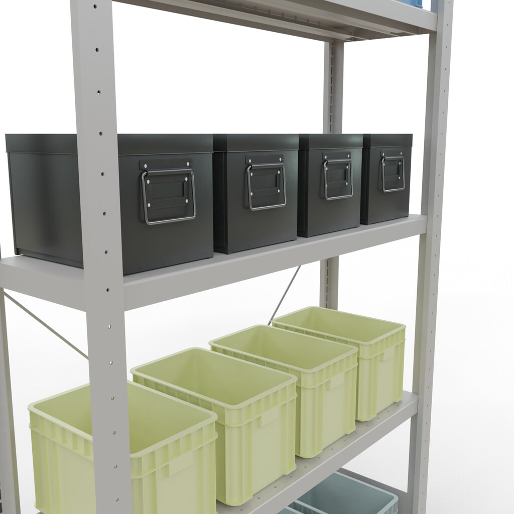 SCHULTE Rayonnage à tablettes gris clair avec 5 tablettes en tôle d’acier, charge par tablette 330 kg, HxlxP 2 000 x 1 060 x 336 mm N° de l'image du produit 4 : SCHULTE Rayonnage à tablettes gris clair avec 5 tablettes en tôle d’acier, charge par tablette 330 kg, HxlxP 2 000 x 1 060 x 336 mm