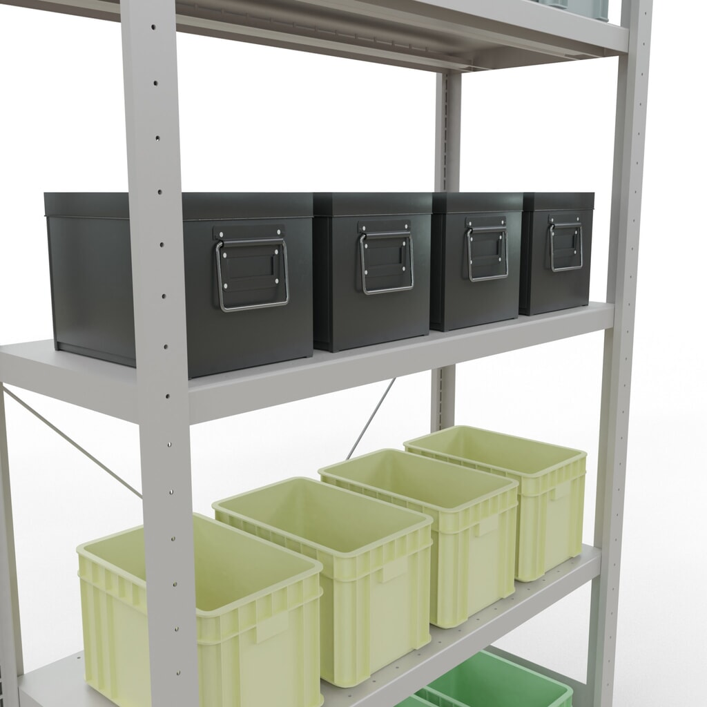 SCHULTE Rayonnage à tablettes gris clair avec 5 tablettes en tôle d’acier, charge par tablette 330 kg, HxlxP 2 000 x 1 060 x 436 mm N° de l'image du produit 4 : SCHULTE Rayonnage à tablettes gris clair avec 5 tablettes en tôle d’acier, charge par tablette 330 kg, HxlxP 2 000 x 1 060 x 436 mm