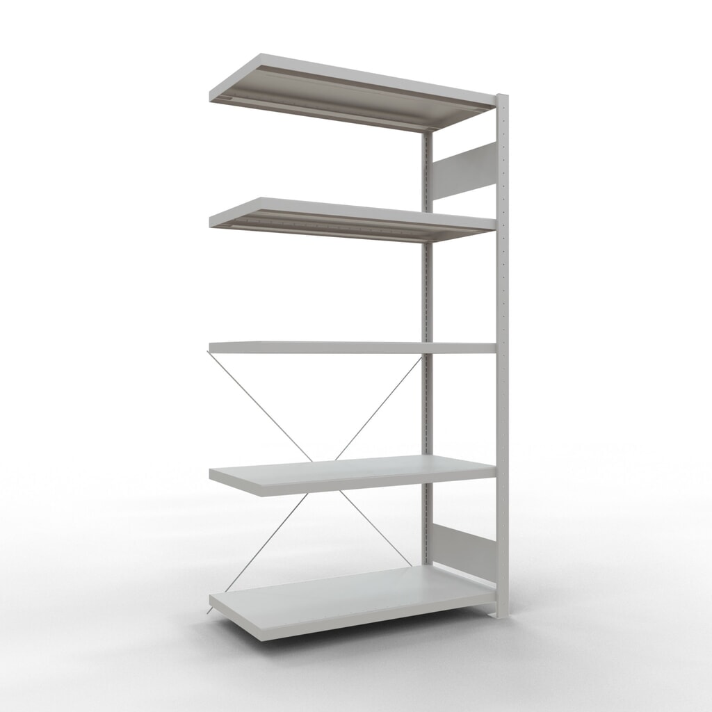 Rayonnage à tablettes SCHULTE, système à emboîter, travée auxiliaire, charge par tablette 330 kg, gris clair, HxlxP 2000 x 1000 x 500 mm Illustration du produit: Rayonnage à tablettes SCHULTE, système à emboîter, travée auxiliaire, charge par tablette 330 kg, gris clair, HxlxP 2000 x 1000 x 500 mm