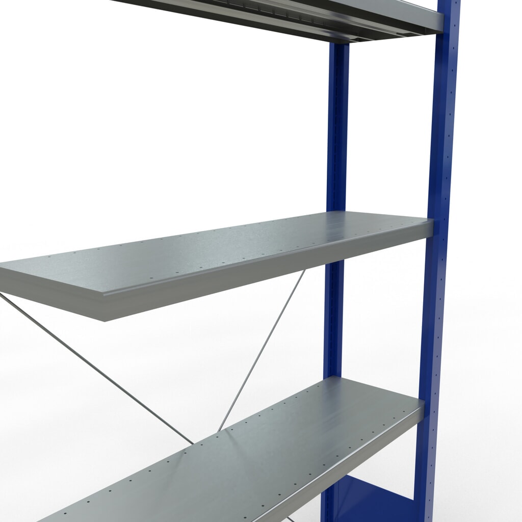 Rayonnage à tablettes SCHULTE, montage par enfichage, travée auxiliaire, charge par tablette 330 kg, bleu gentiane/galvanisé, H x l x P 2 000 x 1 000 x 300 mm N° de l'image du produit 5 : Rayonnage à tablettes SCHULTE, montage par enfichage, travée auxiliaire, charge par tablette 330 kg, bleu gentiane/galvanisé, H x l x P 2 000 x 1 000 x 300 mm