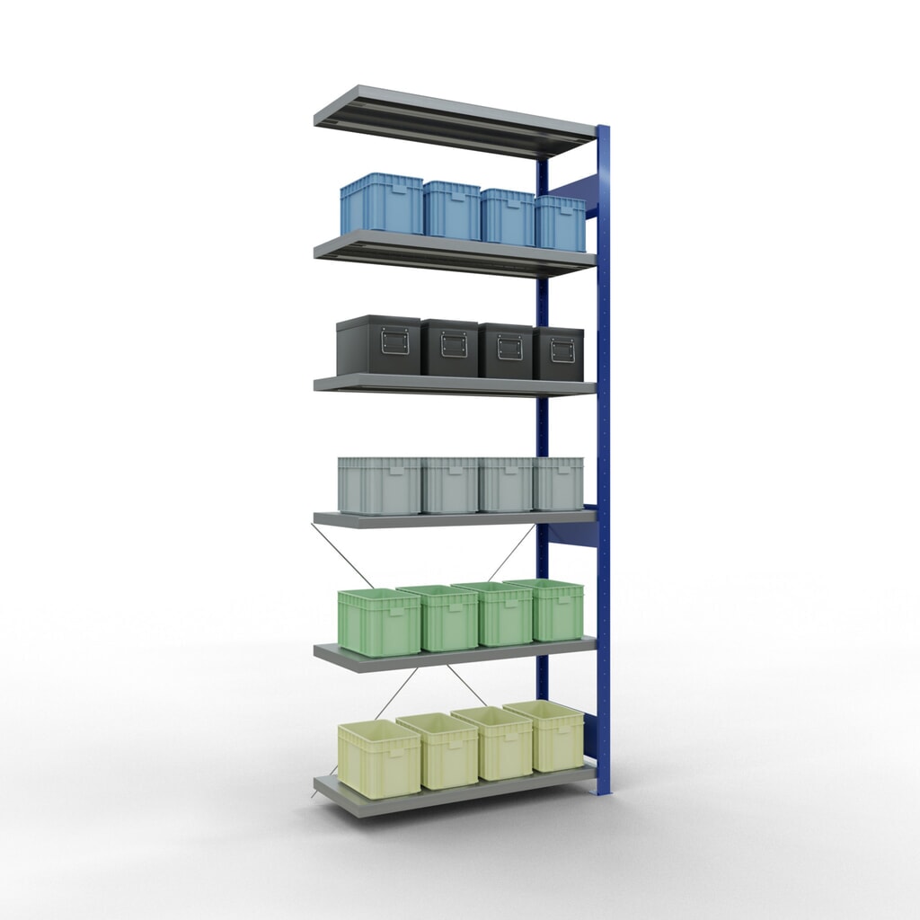 N° de l'image du produit 3 : Rayonnage à tablettes SCHULTE, montage par enfichage, travée auxiliaire, charge par tablette 330 kg, bleu gentiane/galvanisé, H x l x P 2 500 x 1000 x 400 mm