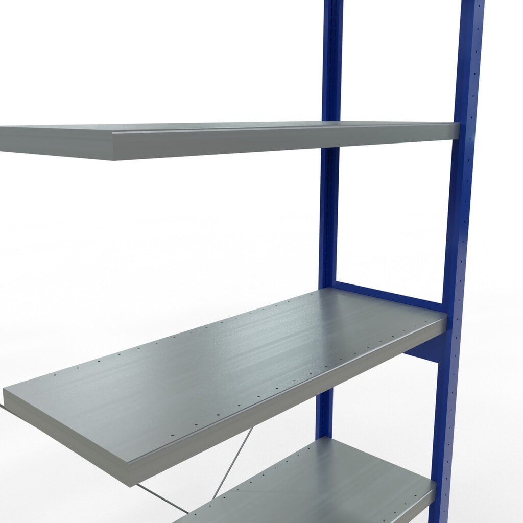 Rayonnage à tablettes SCHULTE, montage par enfichage, travée auxiliaire, charge par tablette 330 kg, bleu gentiane/galvanisé, H x l x P 2 500 x 1000 x 400 mm N° de l'image du produit 5 : Rayonnage à tablettes SCHULTE, montage par enfichage, travée auxiliaire, charge par tablette 330 kg, bleu gentiane/galvanisé, H x l x P 2 500 x 1000 x 400 mm