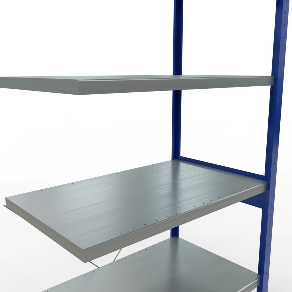 Rayonnage à tablettes SCHULTE, montage par enfichage, travée auxiliaire, charge par tablette 330 kg, bleu gentiane/galvanisé, H x l x P 2 500 x 1000 x 600 mm N° de l'image du produit 5 : Rayonnage à tablettes SCHULTE, montage par enfichage, travée auxiliaire, charge par tablette 330 kg, bleu gentiane/galvanisé, H x l x P 2 500 x 1000 x 600 mm