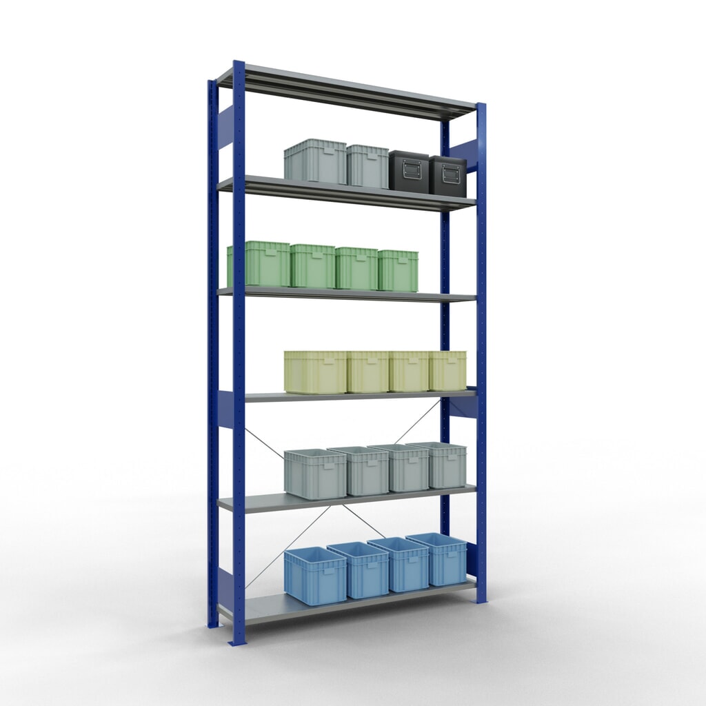 SCHULTE Rayonnage à tablettes, bleu gentiane / galvanisé, charge par tablette 150 kg, HxlxP 2 500 x 1 360 x 336 mm N° de l'image du produit 4 : SCHULTE Rayonnage à tablettes, bleu gentiane / galvanisé, charge par tablette 150 kg, HxlxP 2 500 x 1 360 x 336 mm