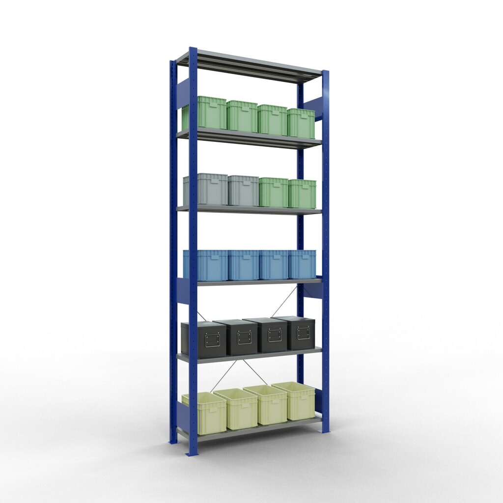 SCHULTE Rayonnage à tablettes, bleu gentiane / galvanisé, charge par tablette 150 kg, HxlxP 2 500 x 1 060 x 336 mm N° de l'image du produit 4 : SCHULTE Rayonnage à tablettes, bleu gentiane / galvanisé, charge par tablette 150 kg, HxlxP 2 500 x 1 060 x 336 mm