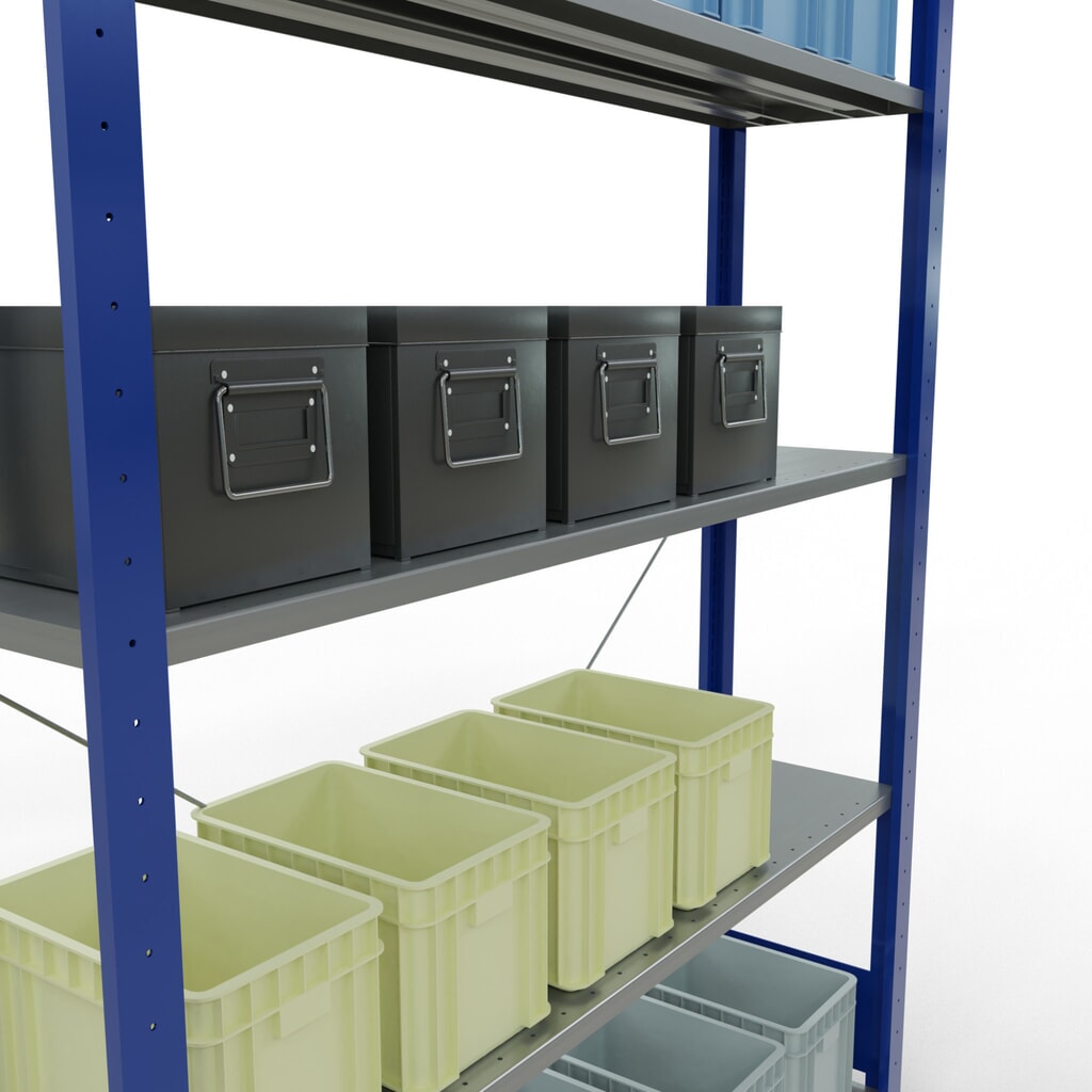 SCHULTE Rayonnage à tablettes, bleu gentiane / galvanisé, avec 5 tablettes en tôle d’acier, charge par tablette 150 kg, HxlxP 2 000 x 1 360 x 336 mm N° de l'image du produit 3 : SCHULTE Rayonnage à tablettes, bleu gentiane / galvanisé, avec 5 tablettes en tôle d’acier, charge par tablette 150 kg, HxlxP 2 000 x 1 360 x 336 mm