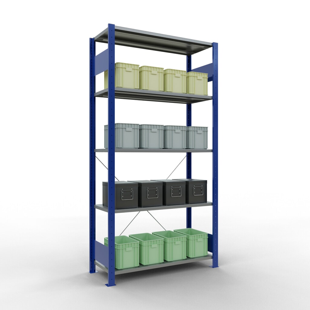 SCHULTE Rayonnage à tablettes, bleu gentiane / galvanisé, avec 5 tablettes en tôle d’acier, charge par tablette 150 kg, HxlxP 2 000 x 1 060 x 436 mm N° de l'image du produit 4 : SCHULTE Rayonnage à tablettes, bleu gentiane / galvanisé, avec 5 tablettes en tôle d’acier, charge par tablette 150 kg, HxlxP 2 000 x 1 060 x 436 mm