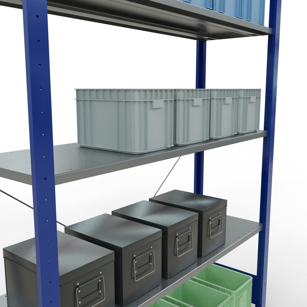 N° de l'image du produit 4 : SCHULTE Rayonnage à tablettes, bleu gentiane / galvanisé, avec 5 tablettes en tôle d’acier, charge par tablette 150 kg, HxlxP 2 000 x 1 360 x 436 mm