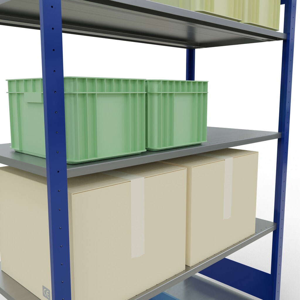 SCHULTE Rayonnage à tablettes, bleu gentiane / galvanisé, avec 5 tablettes en tôle d’acier, charge par tablette 150 kg, HxlxP 2 000 x 1 360 x 636 mm N° de l'image du produit 4 : SCHULTE Rayonnage à tablettes, bleu gentiane / galvanisé, avec 5 tablettes en tôle d’acier, charge par tablette 150 kg, HxlxP 2 000 x 1 360 x 636 mm