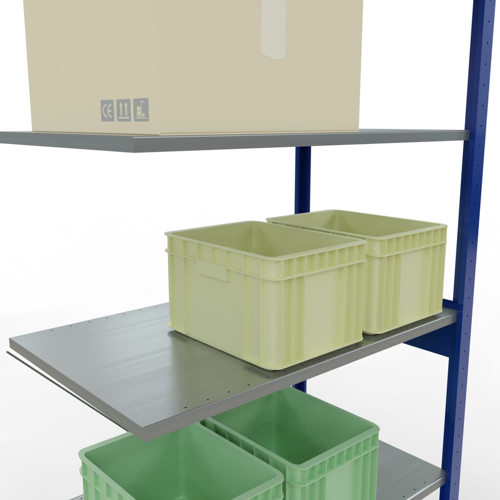 Rayonnage à tablettes SCHULTE, système enfichable, travée auxiliaire, CT 150 kg, bleu gentiane/galvanisé, H x l x P 2 500 x 1 000 x 600 mm N° de l'image du produit 3 : Rayonnage à tablettes SCHULTE, système enfichable, travée auxiliaire, CT 150 kg, bleu gentiane/galvanisé, H x l x P 2 500 x 1 000 x 600 mm