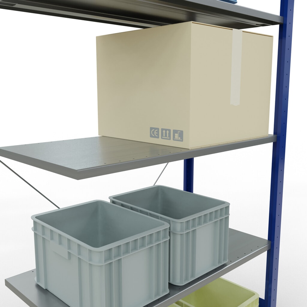 Rayonnage à tablettes SCHULTE, système enfichable, travée auxiliaire, CT 150 kg, bleu gentiane/galvanisé, H x l x P 2 000 x 1 000 x 500 mm N° de l'image du produit 3 : Rayonnage à tablettes SCHULTE, système enfichable, travée auxiliaire, CT 150 kg, bleu gentiane/galvanisé, H x l x P 2 000 x 1 000 x 500 mm