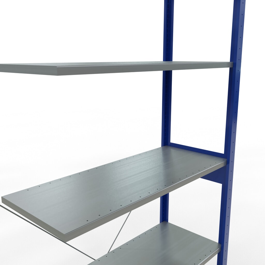 Rayonnage à tablettes SCHULTE, système enfichable, travée auxiliaire, CT 150 kg, bleu gentiane/galvanisé, H x l x P 2 500 x 1 000 x 400 mm N° de l'image du produit 2 : Rayonnage à tablettes SCHULTE, système enfichable, travée auxiliaire, CT 150 kg, bleu gentiane/galvanisé, H x l x P 2 500 x 1 000 x 400 mm