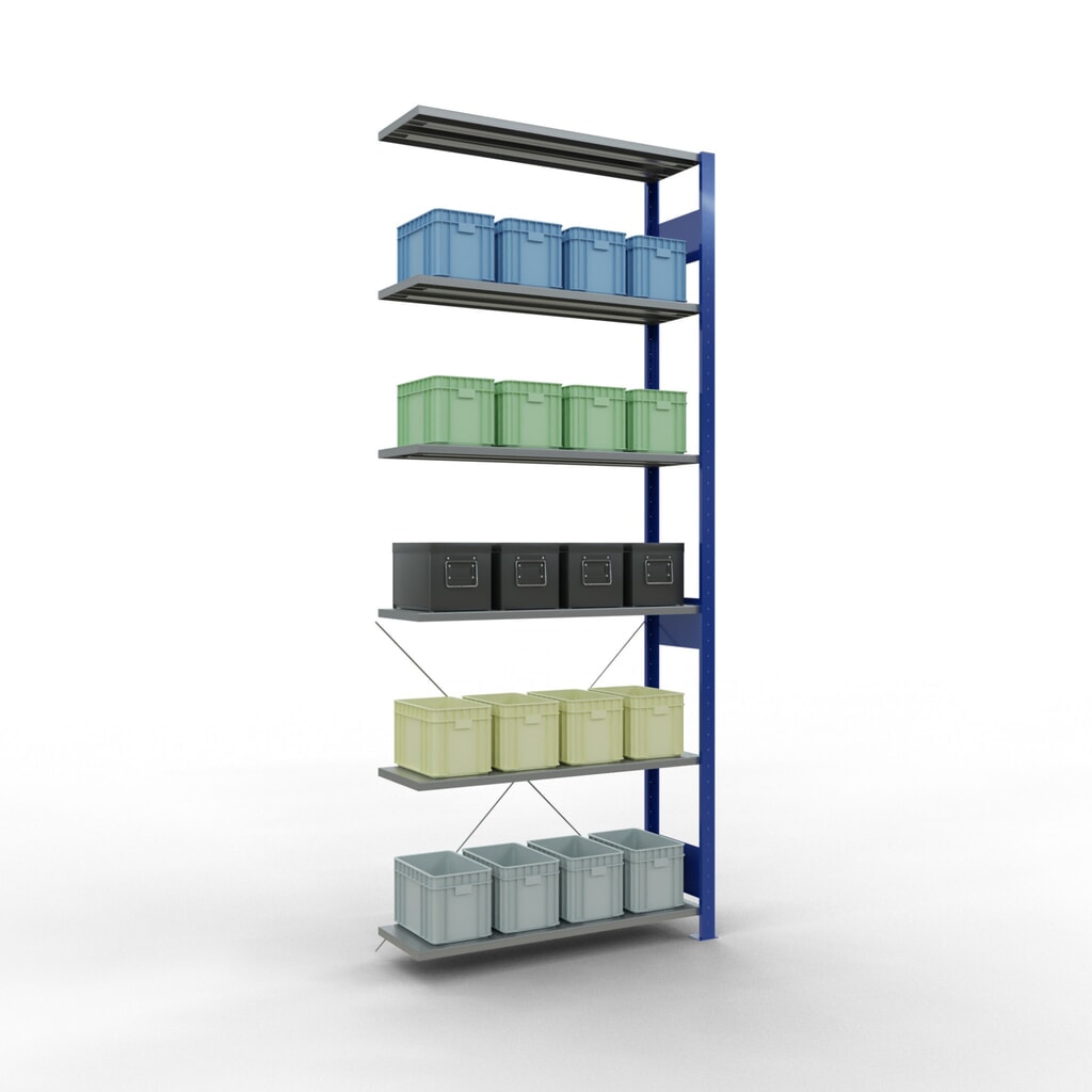 N° de l'image du produit 4 : Rayonnage à tablettes SCHULTE, système enfichable, travée auxiliaire, CT 150 kg, bleu gentiane/galvanisé, H x l x P 2 500 x 1 000 x 300 mm