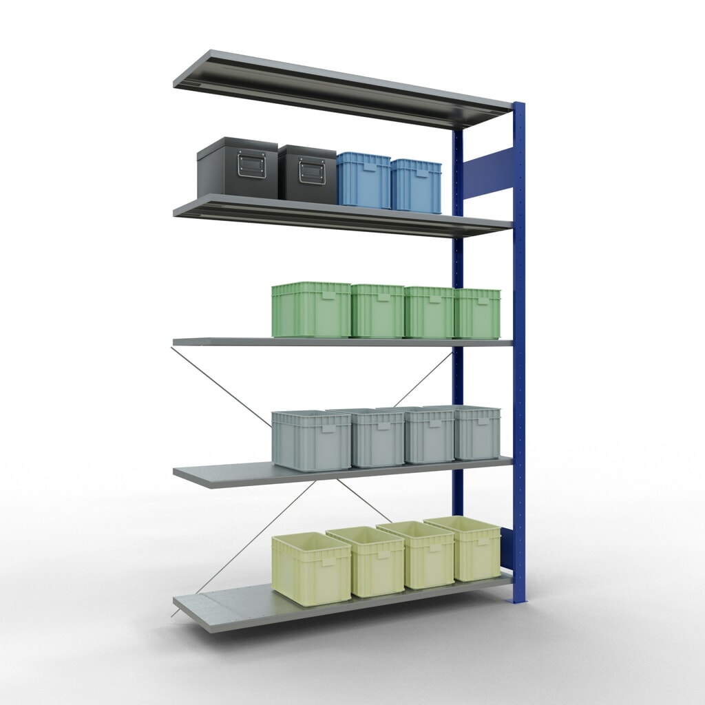 N° de l'image du produit 3 : Rayonnage à tablettes SCHULTE, système enfichable, travée auxiliaire, CT 150 kg, bleu gentiane/galvanisé, H x l x P 2 000 x 1 300 x 400 mm