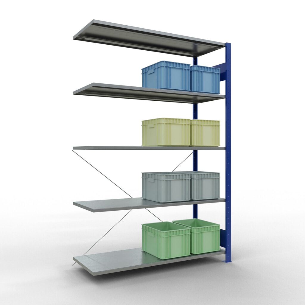 N° de l'image du produit 3 : Rayonnage à tablettes SCHULTE, système enfichable, travée auxiliaire, CT 150 kg, bleu gentiane/galvanisé, H x l x P 2 000 x 1 300 x 500 mm