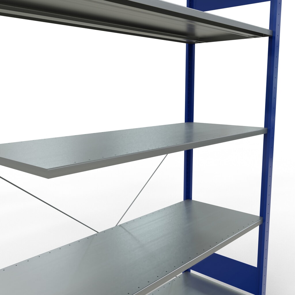 Rayonnage à tablettes SCHULTE, système enfichable, travée auxiliaire, CT 150 kg, bleu gentiane/galvanisé, H x l x P 2 000 x 1 300 x 500 mm N° de l'image du produit 5 : Rayonnage à tablettes SCHULTE, système enfichable, travée auxiliaire, CT 150 kg, bleu gentiane/galvanisé, H x l x P 2 000 x 1 300 x 500 mm