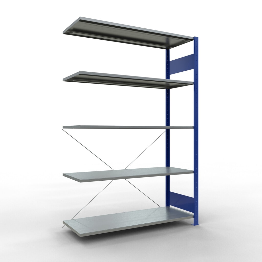 Rayonnage à tablettes SCHULTE, système enfichable, travée auxiliaire, CT 150 kg, bleu gentiane/galvanisé, H x l x P 2 000 x 1 300 x 500 mm Illustration du produit: Rayonnage à tablettes SCHULTE, système enfichable, travée auxiliaire, CT 150 kg, bleu gentiane/galvanisé, H x l x P 2 000 x 1 300 x 500 mm