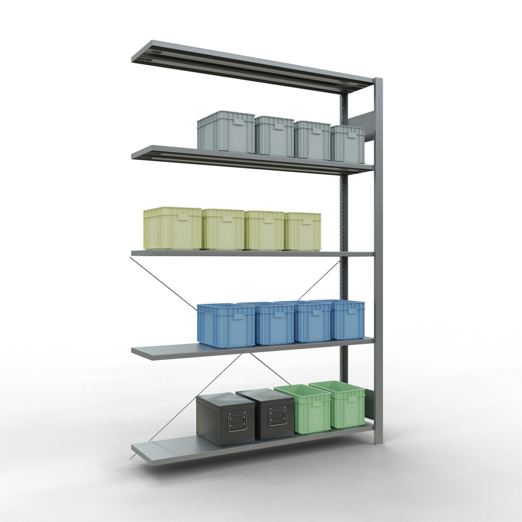 N° de l'image du produit 4 : Rayonnage à tablettes SCHULTE, système enfichable, travée auxiliaire, CT 150 kg, galvanisé, H x l x P 2 000 x 1 300 x 300 mm