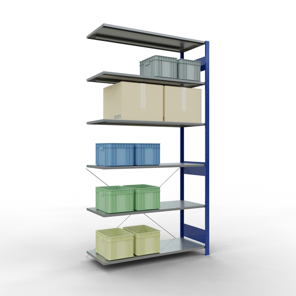 N° de l'image du produit 3 : Rayonnage à tablettes SCHULTE, travée auxiliaire, bleu gentiane/galvanisé, CT 150 kg, HxlxP 2 500 x 1 300 x 500 mm