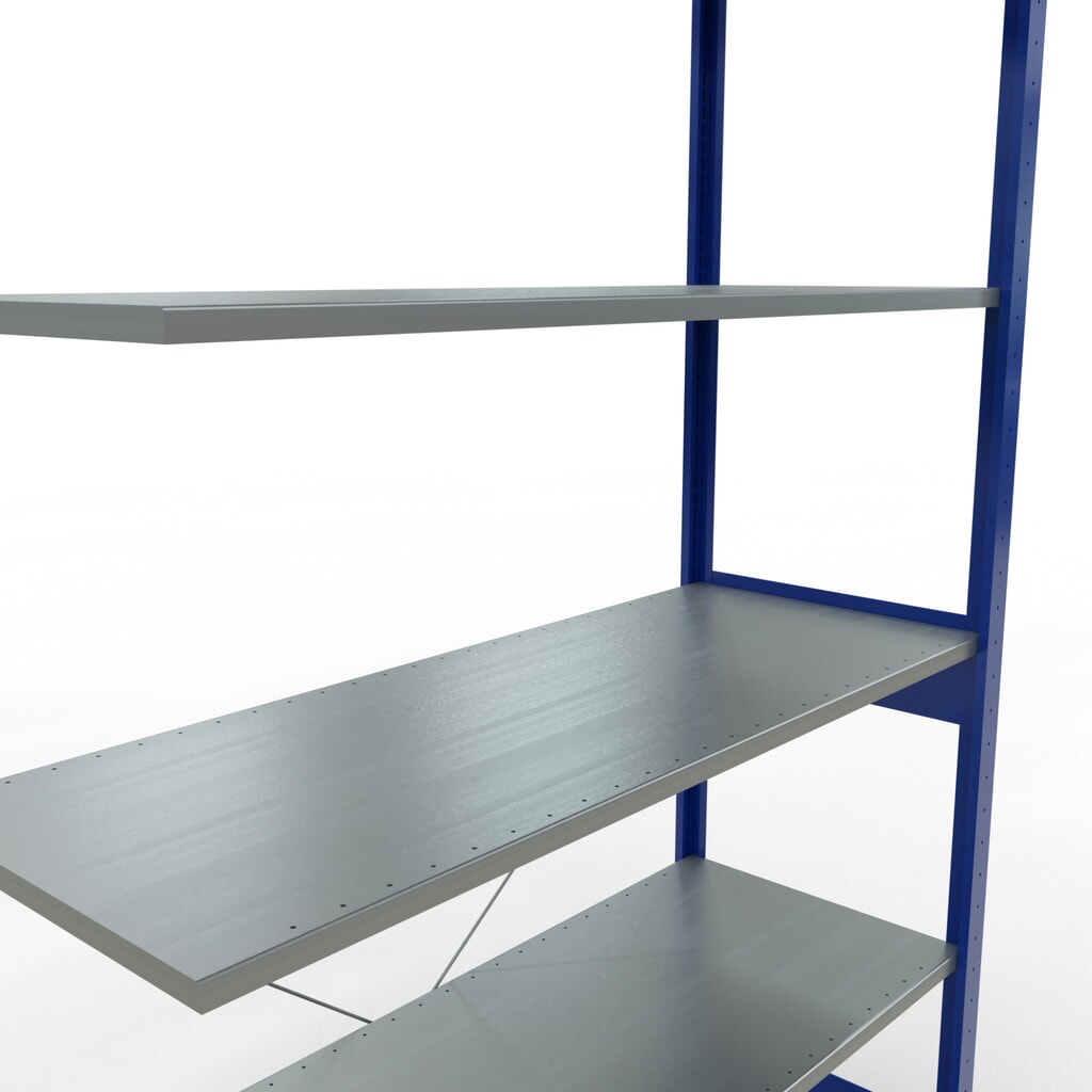 N° de l'image du produit 5 : Rayonnage à tablettes SCHULTE, travée auxiliaire, bleu gentiane/galvanisé, CT 150 kg, HxlxP 2 500 x 1 300 x 500 mm