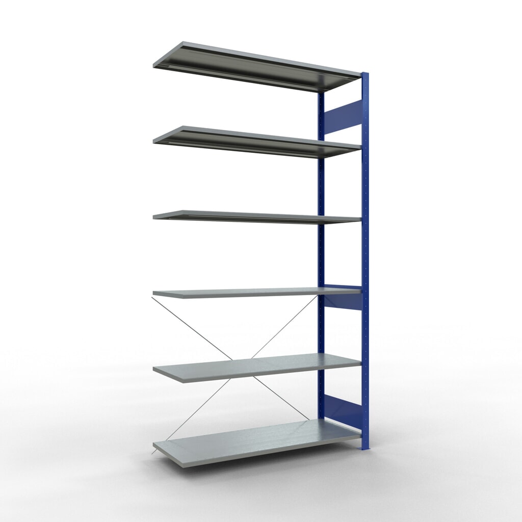Rayonnage à tablettes SCHULTE, travée auxiliaire, bleu gentiane/galvanisé, CT 150 kg, HxlxP 2 500 x 1 300 x 500 mm Illustration du produit: Rayonnage à tablettes SCHULTE, travée auxiliaire, bleu gentiane/galvanisé, CT 150 kg, HxlxP 2 500 x 1 300 x 500 mm