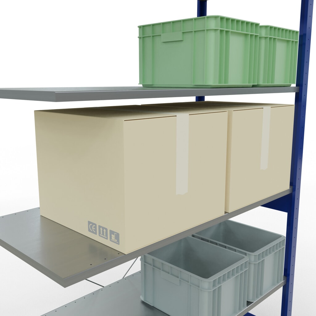 N° de l'image du produit 4 : Rayonnage à tablettes SCHULTE, travée auxiliaire, bleu gentiane/galvanisé, CT 150 kg, HxlxP 2 500 x 1 300 x 600 mm