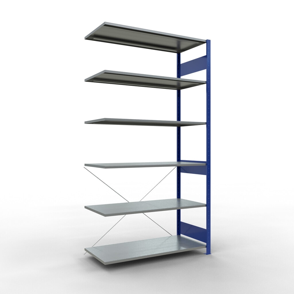 Rayonnage à tablettes SCHULTE, travée auxiliaire, bleu gentiane/galvanisé, CT 150 kg, HxlxP 2 500 x 1 300 x 600 mm Illustration du produit: Rayonnage à tablettes SCHULTE, travée auxiliaire, bleu gentiane/galvanisé, CT 150 kg, HxlxP 2 500 x 1 300 x 600 mm