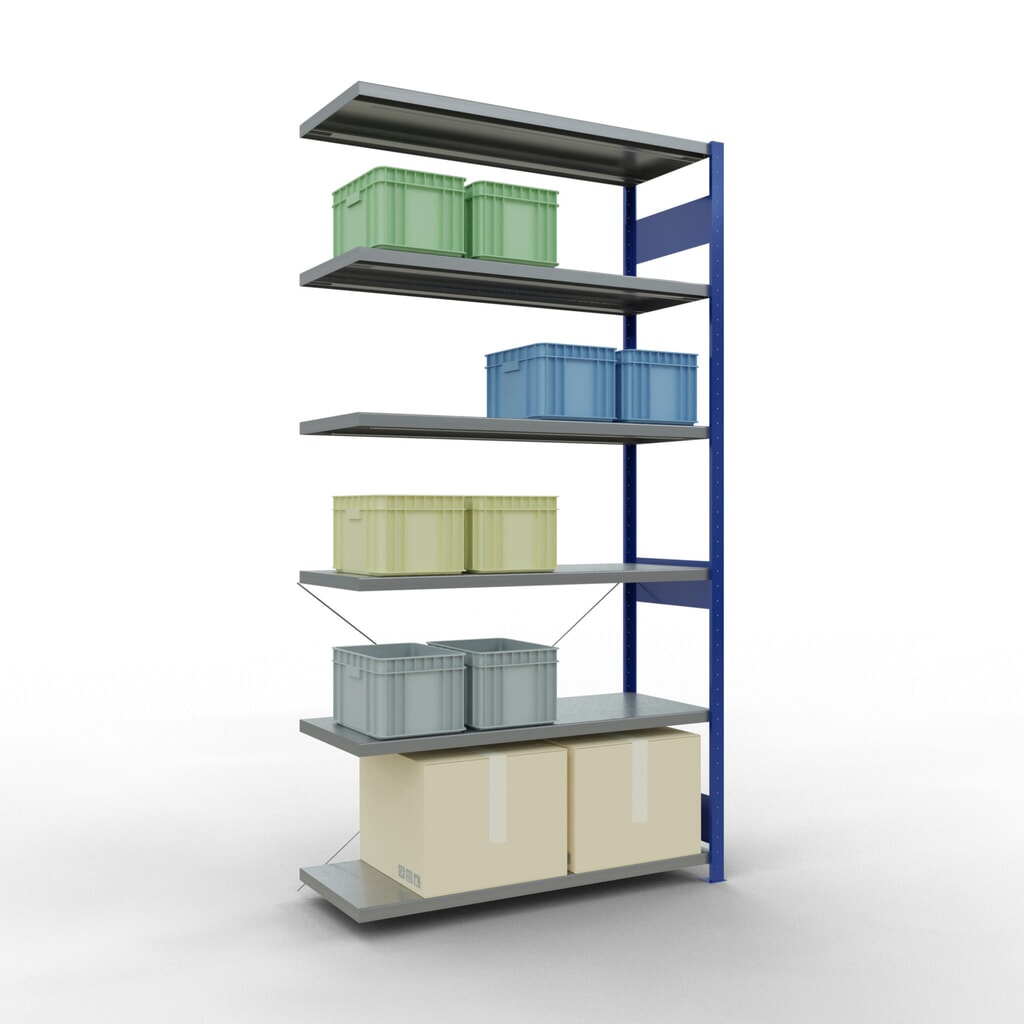 N° de l'image du produit 3 : Rayonnage à tablettes SCHULTE, travée auxiliaire, bleu gentiane/galvanisé, CT 250 kg, HxlxP 2 500 x 1 300 x 500 mm