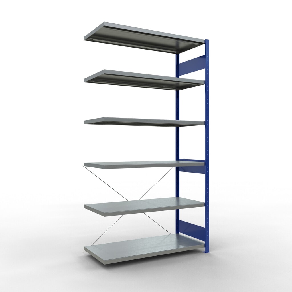 Rayonnage à tablettes SCHULTE, travée auxiliaire, bleu gentiane/galvanisé, CT 250 kg, HxlxP 2 500 x 1 300 x 600 mm Illustration du produit: Rayonnage à tablettes SCHULTE, travée auxiliaire, bleu gentiane/galvanisé, CT 250 kg, HxlxP 2 500 x 1 300 x 600 mm