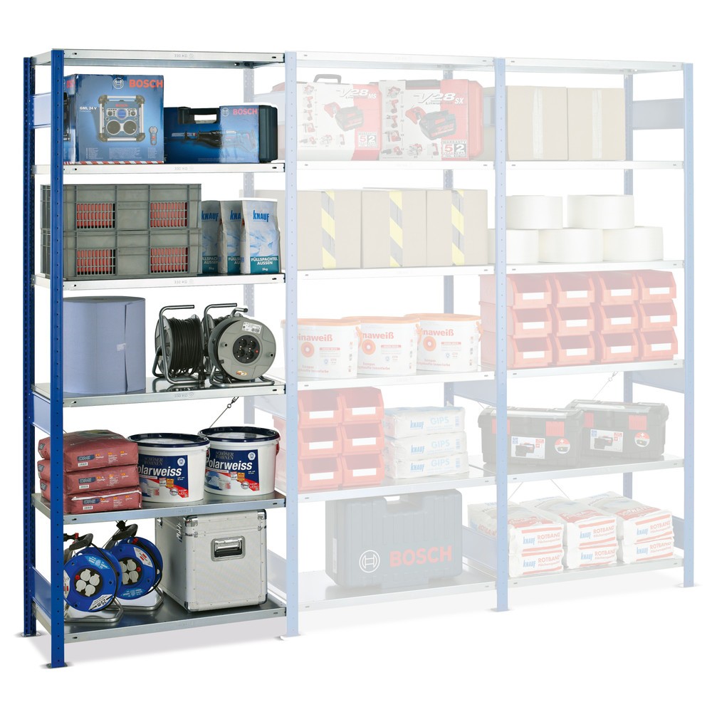 N° de l'image du produit 1 : Rayonnage à tablettes SCHULTE, travée auxiliaire, bleu gentiane/galvanisé, CT 250 kg, HxlxP 2 000 x 750 x 600 mm