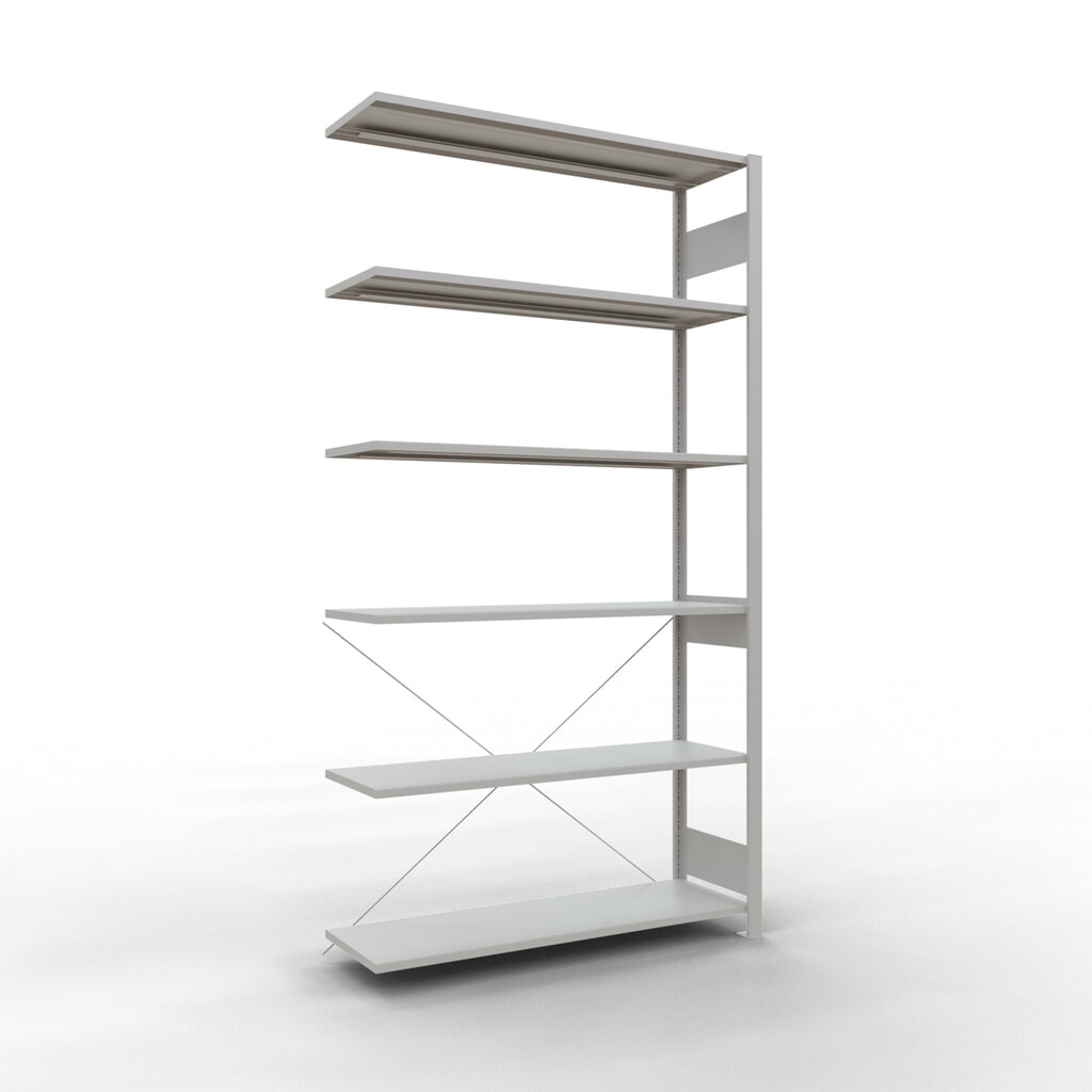 Rayonnage à tablettes SCHULTE, travée auxiliaire, charge par tablette 150 kg, gris clair, HxlxP 2500 x 1300 x 400 mm Illustration du produit: Rayonnage à tablettes SCHULTE, travée auxiliaire, charge par tablette 150 kg, gris clair, HxlxP 2500 x 1300 x 400 mm