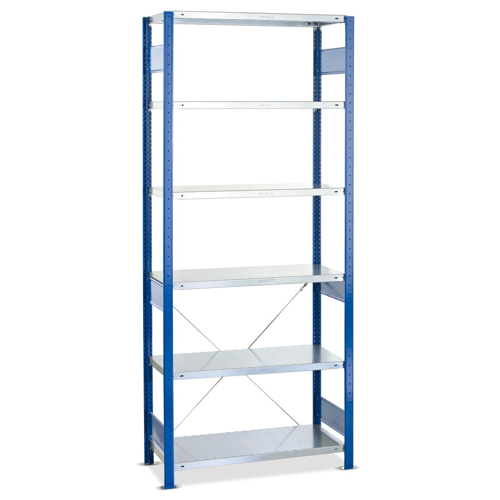 Illustration du produit: SCHULTE Rayonnage à tablettes, bleu gentiane / galvanisé, avec 6 tablettes en tôle d’acier, charge par tablette 250 kg, HxlxP 2 000 x 810 x 436 mm