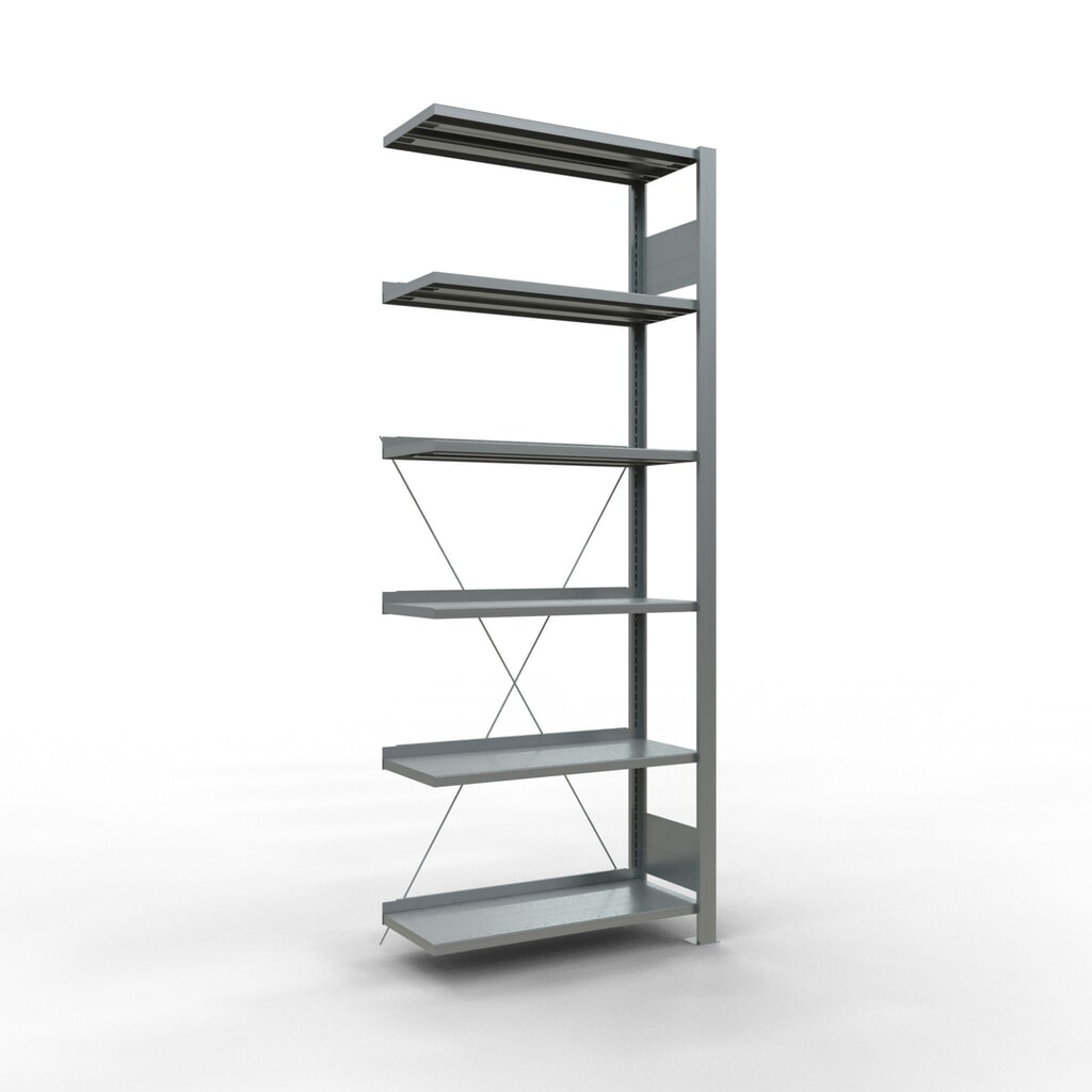 Illustration du produit: Rayonnage de bureau SCHULTE travée auxiliaire, utilisable d’un seul côté, avec barres de butée, CT 85 kg, HxlxP 2 000 x 750 x 300 mm