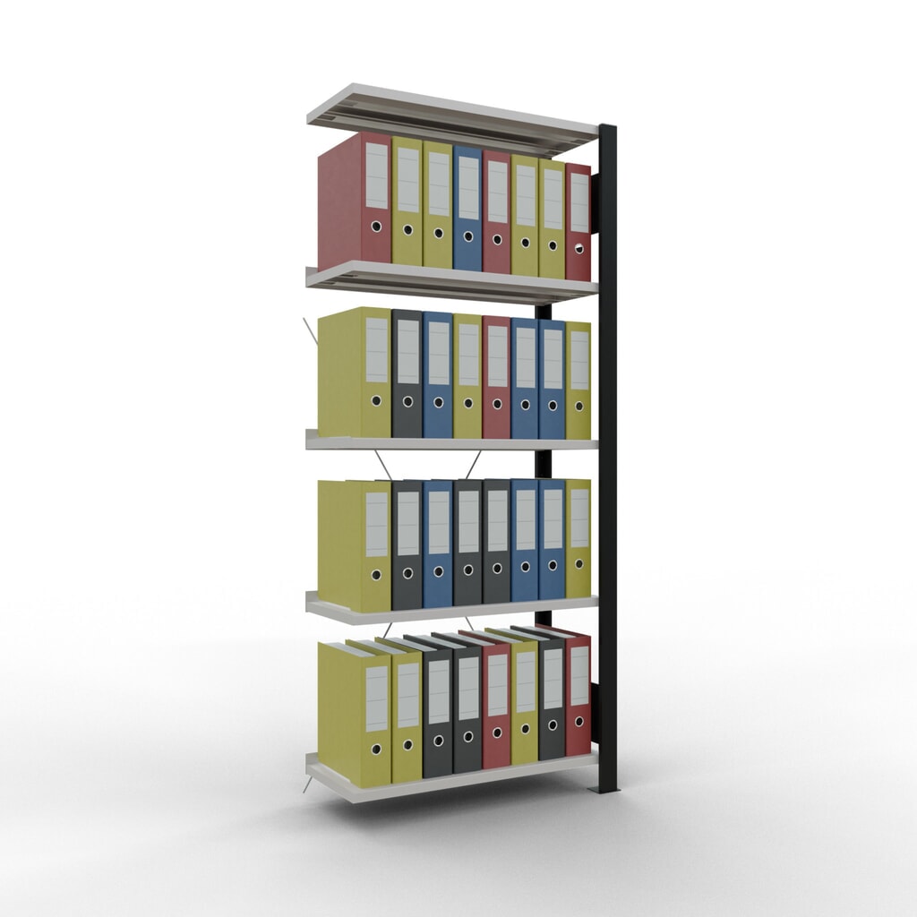 Rayonnage de bureau SCHULTE travée auxiliaire, utilisable d’un seul côté, avec barres de butée, CT 85 kg, noir, HxlxP 1 800 x 750 x 300 mm N° de l'image du produit 2 : Rayonnage de bureau SCHULTE travée auxiliaire, utilisable d’un seul côté, avec barres de butée, CT 85 kg, noir, HxlxP 1 800 x 750 x 300 mm