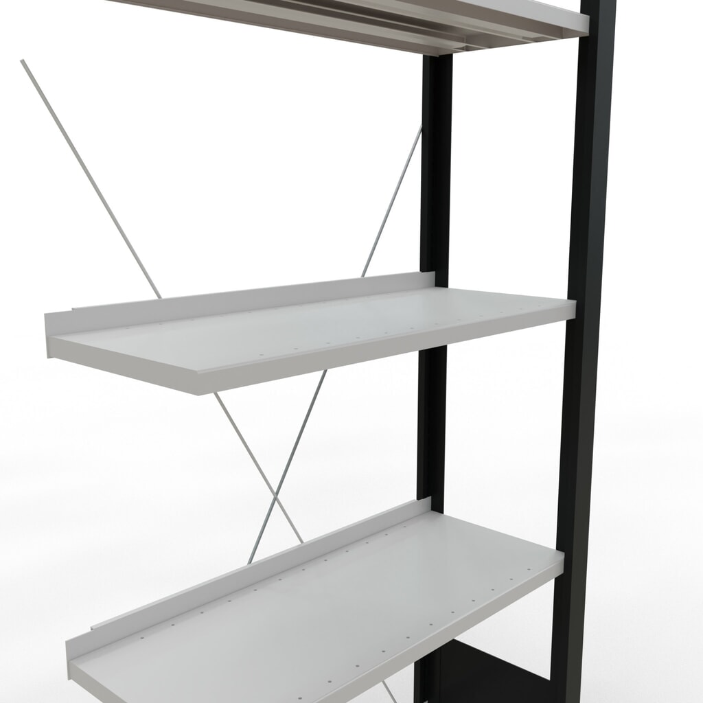 Rayonnage de bureau SCHULTE travée auxiliaire, utilisable d’un seul côté, avec barres de butée, CT 85 kg, noir, HxlxP 1 800 x 750 x 300 mm N° de l'image du produit 4 : Rayonnage de bureau SCHULTE travée auxiliaire, utilisable d’un seul côté, avec barres de butée, CT 85 kg, noir, HxlxP 1 800 x 750 x 300 mm