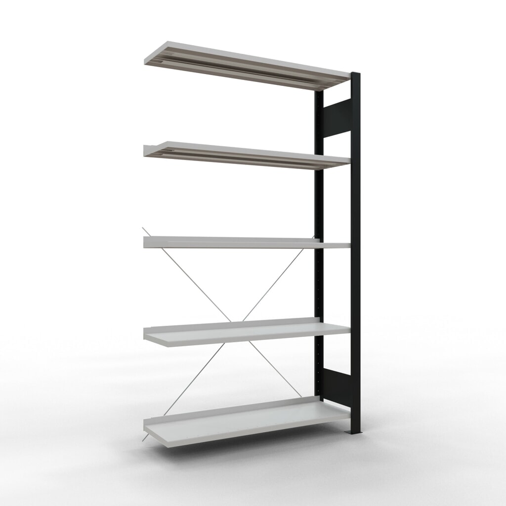 Rayonnage de bureau SCHULTE travée auxiliaire, utilisable d’un seul côté, avec barres de butée, CT 85 kg, noir, HxlxP 1 800 x 1 000 x 300 mm Illustration du produit: Rayonnage de bureau SCHULTE travée auxiliaire, utilisable d’un seul côté, avec barres de butée, CT 85 kg, noir, HxlxP 1 800 x 1 000 x 300 mm
