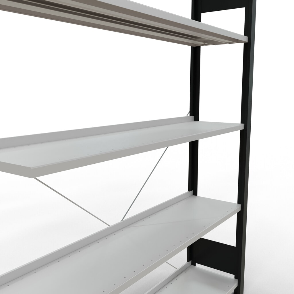 N° de l'image du produit 4 : Rayonnage de bureau SCHULTE travée auxiliaire, utilisable d’un seul côté, avec barres de butée, CT 85 kg, noir, HxlxP 1 800 x 1 300 x 300 mm