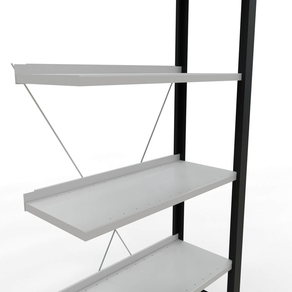 Rayonnage de bureau SCHULTE travée auxiliaire, utilisable d’un seul côté, avec barres de butée, CT 85 kg, noir, HxlxP 2 000 x 750 x 300 mm N° de l'image du produit 4 : Rayonnage de bureau SCHULTE travée auxiliaire, utilisable d’un seul côté, avec barres de butée, CT 85 kg, noir, HxlxP 2 000 x 750 x 300 mm