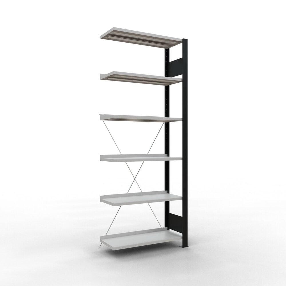 Illustration du produit: Rayonnage de bureau SCHULTE travée auxiliaire, utilisable d’un seul côté, avec barres de butée, CT 85 kg, noir, HxlxP 2 000 x 750 x 300 mm