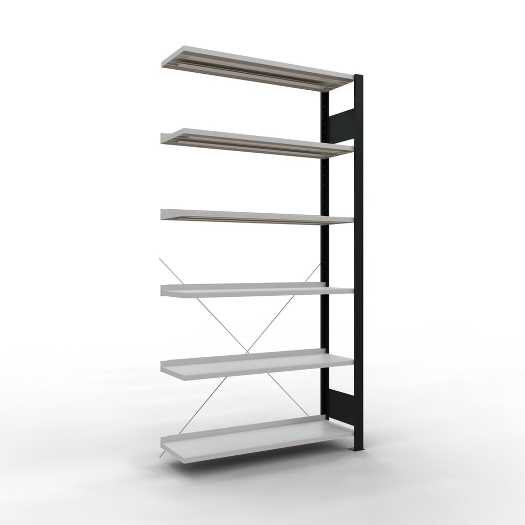 Rayonnage de bureau SCHULTE travée auxiliaire, utilisable d’un seul côté, avec barres de butée, CT 85 kg, noir, HxlxP 2 000 x 1 000 x 300 mm Illustration du produit: Rayonnage de bureau SCHULTE travée auxiliaire, utilisable d’un seul côté, avec barres de butée, CT 85 kg, noir, HxlxP 2 000 x 1 000 x 300 mm