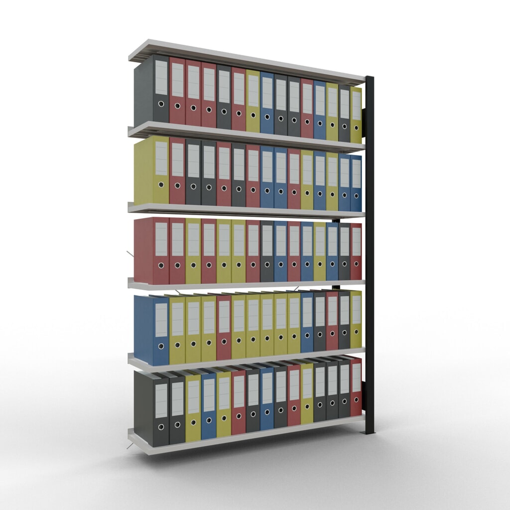 Rayonnage de bureau SCHULTE travée auxiliaire, utilisable d’un seul côté, avec barres de butée, CT 85 kg, noir, HxlxP 2 000 x 1 300 x 300 mm N° de l'image du produit 2 : Rayonnage de bureau SCHULTE travée auxiliaire, utilisable d’un seul côté, avec barres de butée, CT 85 kg, noir, HxlxP 2 000 x 1 300 x 300 mm