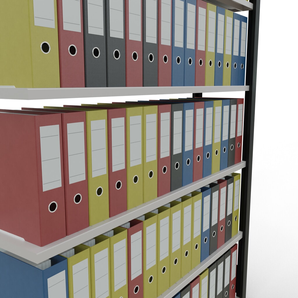 Rayonnage de bureau SCHULTE travée auxiliaire, utilisable d’un seul côté, avec barres de butée, CT 85 kg, noir, HxlxP 2 000 x 1 300 x 300 mm N° de l'image du produit 3 : Rayonnage de bureau SCHULTE travée auxiliaire, utilisable d’un seul côté, avec barres de butée, CT 85 kg, noir, HxlxP 2 000 x 1 300 x 300 mm