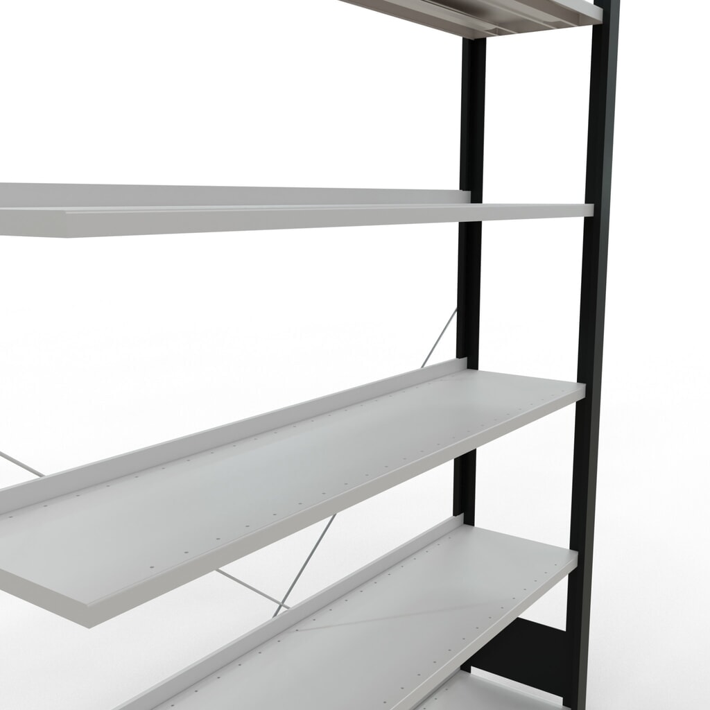 Rayonnage de bureau SCHULTE travée auxiliaire, utilisable d’un seul côté, avec barres de butée, CT 85 kg, noir, HxlxP 2 000 x 1 300 x 300 mm N° de l'image du produit 4 : Rayonnage de bureau SCHULTE travée auxiliaire, utilisable d’un seul côté, avec barres de butée, CT 85 kg, noir, HxlxP 2 000 x 1 300 x 300 mm