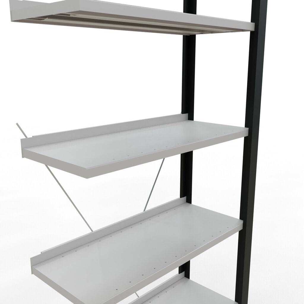 Rayonnage de bureau SCHULTE travée auxiliaire, utilisable d’un seul côté, avec barres de butée, CT 85 kg, noir, HxlxP 2 300 x 750 x 300 mm N° de l'image du produit 4 : Rayonnage de bureau SCHULTE travée auxiliaire, utilisable d’un seul côté, avec barres de butée, CT 85 kg, noir, HxlxP 2 300 x 750 x 300 mm