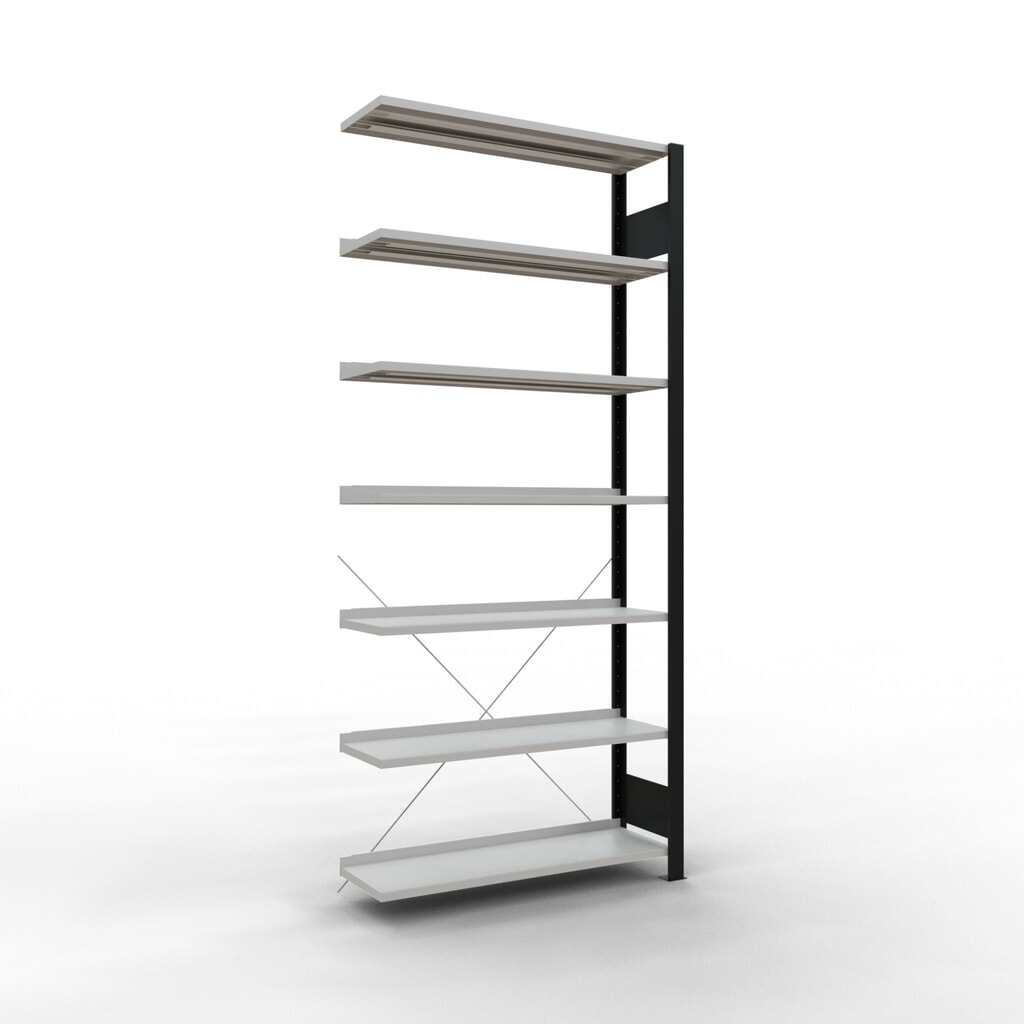 Rayonnage de bureau SCHULTE travée auxiliaire, utilisable d’un seul côté, avec barres de butée, CT 85 kg, noir, HxlxP 2 300 x 1 000 x 300 mm Illustration du produit: Rayonnage de bureau SCHULTE travée auxiliaire, utilisable d’un seul côté, avec barres de butée, CT 85 kg, noir, HxlxP 2 300 x 1 000 x 300 mm