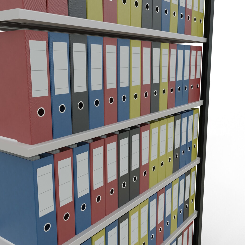 Rayonnage de bureau SCHULTE travée auxiliaire, utilisable d’un seul côté, avec barres de butée, CT 85 kg, noir, HxlxP 2 300 x 1 300 x 300 mm N° de l'image du produit 3 : Rayonnage de bureau SCHULTE travée auxiliaire, utilisable d’un seul côté, avec barres de butée, CT 85 kg, noir, HxlxP 2 300 x 1 300 x 300 mm