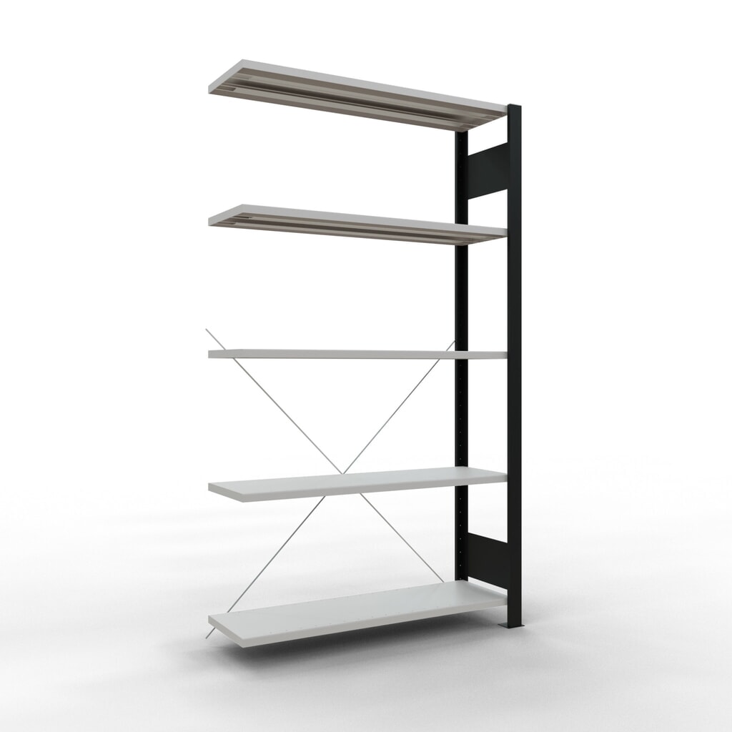 Rayonnage de bureau SCHULTE travée auxiliaire, utilisable d’un seul côté, sans barres de butée, CT 85 kg, noir, HxlxP 1 800 x 1 000 x 300 mm Illustration du produit: Rayonnage de bureau SCHULTE travée auxiliaire, utilisable d’un seul côté, sans barres de butée, CT 85 kg, noir, HxlxP 1 800 x 1 000 x 300 mm